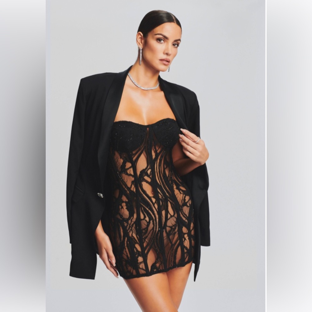 retrofete Bryson Mini Dress in Black Lace Sheer Strapless Size L